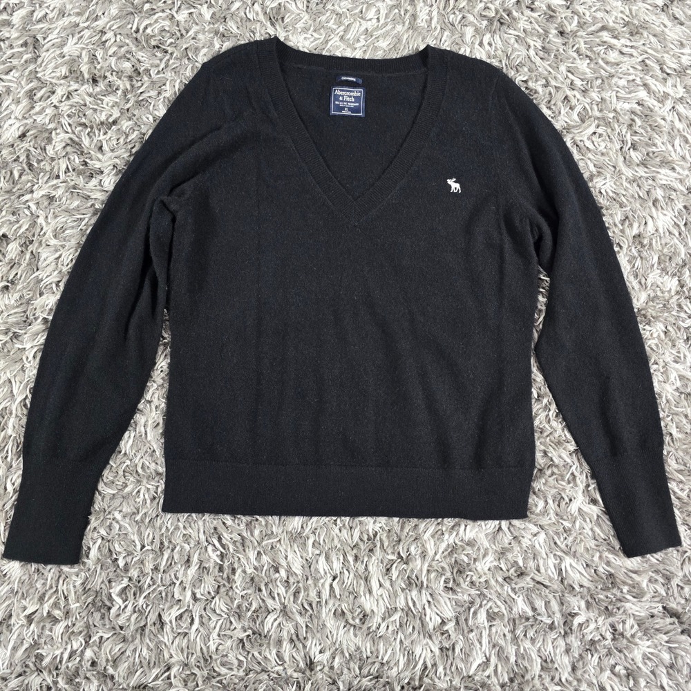 Abercrombie & Fitch Mens XL Black 100% Cashmere V-Neck Sweater Moose Logo 3491